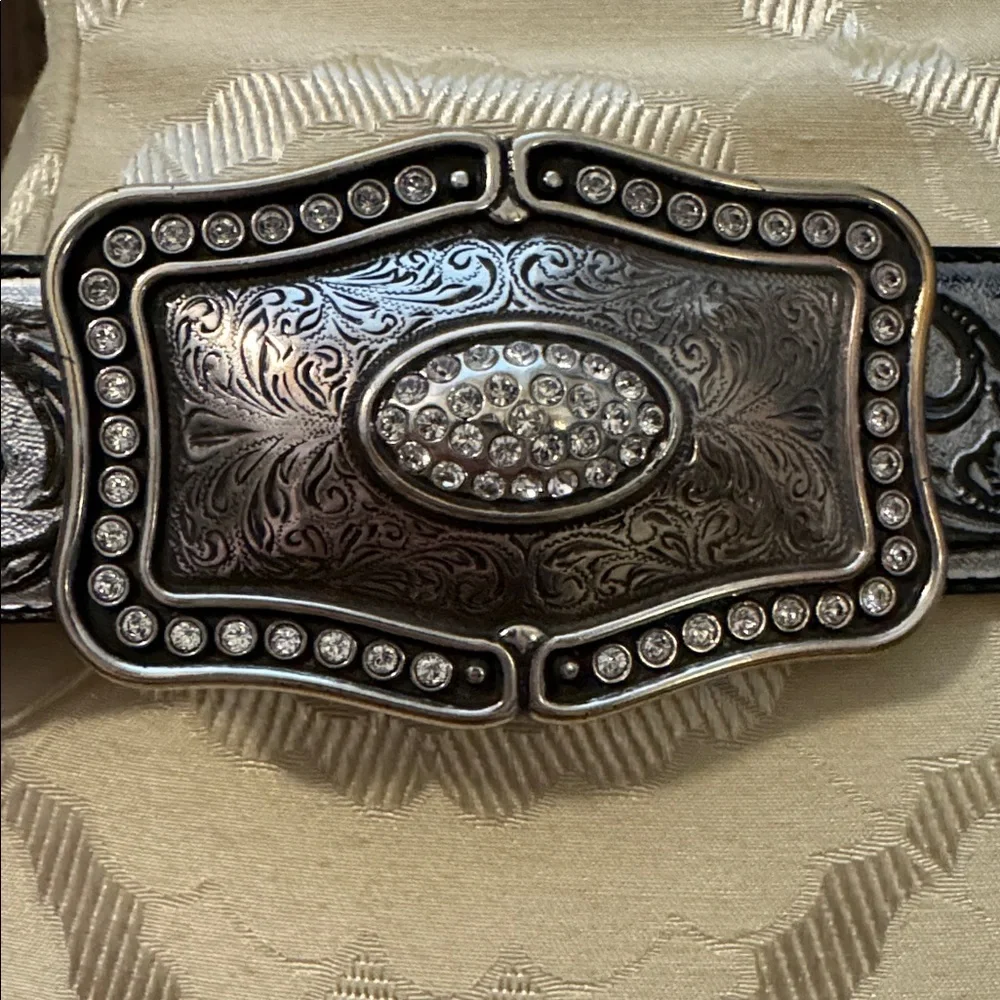 Justin Leather Belt Swarovski Crystals Silver Tooled Removable Buckle 34 NWT